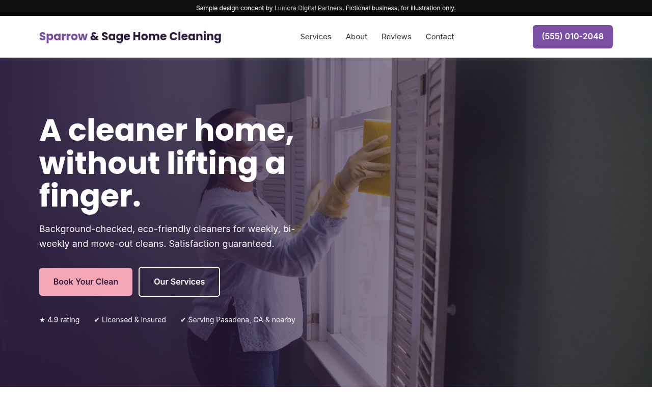 Sample homepage design for fictional business Sparrow & Sage Home Cleaning