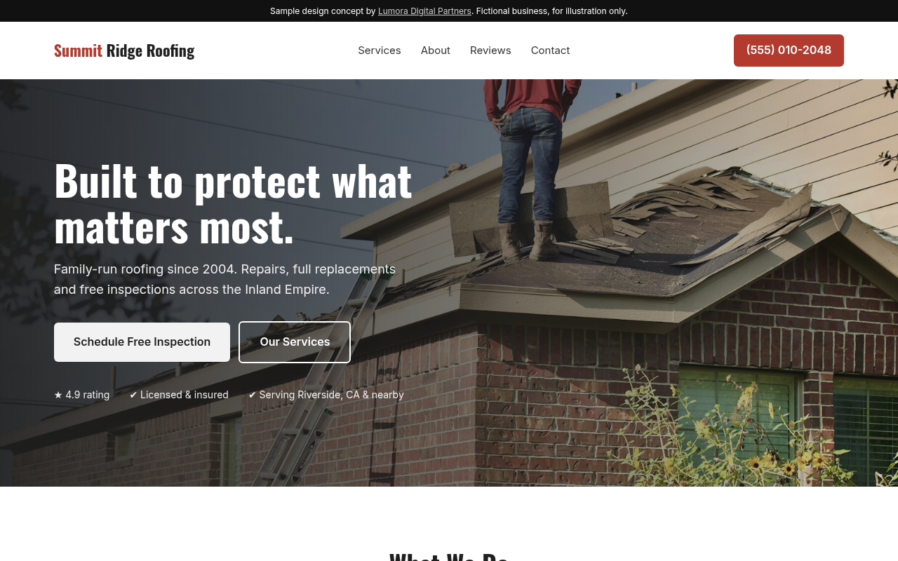 Sample homepage design for fictional business Summit Ridge Roofing